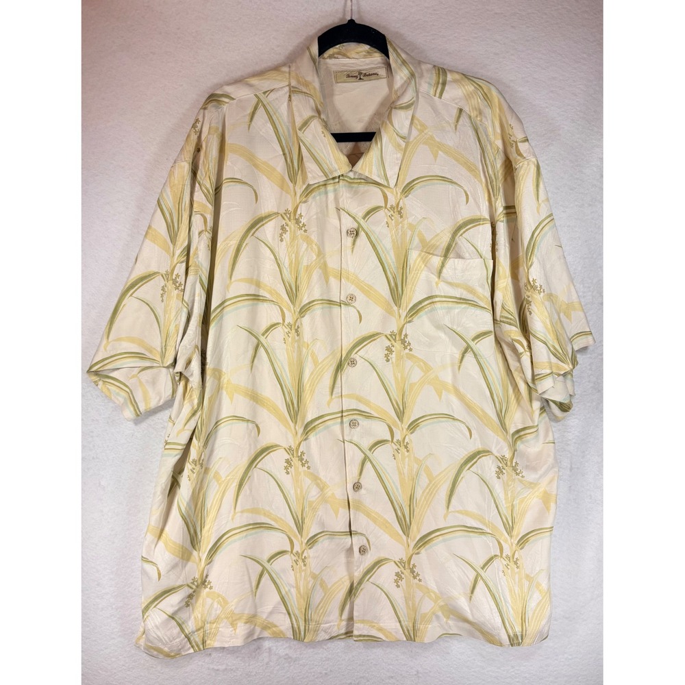 Tommy Bahama Mens XXL Silk Hawaiian Camp Shirt Yellow Green Tropical‎ Leaf Print
